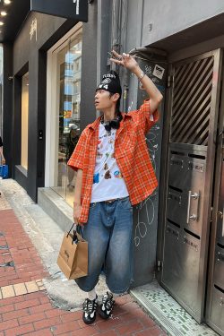 American Retro Orange Plaid Long Sleeve Shirt for Men and Women - Loose-Fitting Casual High Street Couple Top
