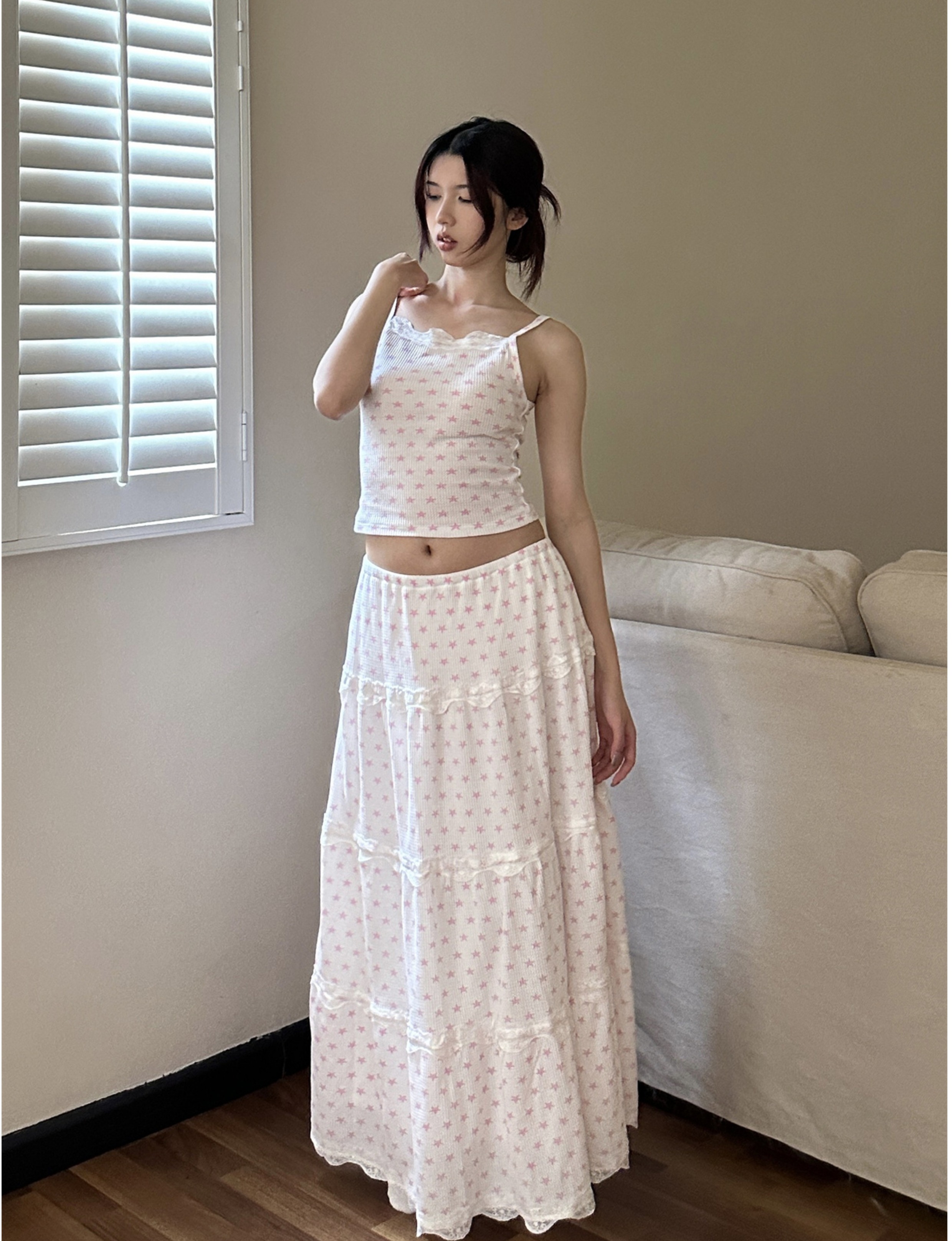 American Vintage Cake Fairy Holiday Loose Long Skirt Set with Elastic Waist and Star Polka Dot Design - Perfect for Y2K Style
