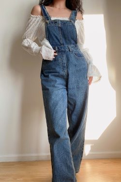 American Vintage Casual Loose Fit Suspender Straight Leg Jeans for Women - Versatile Vintage Style Pants