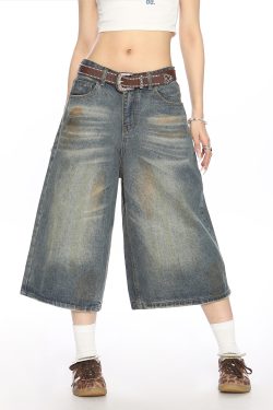 American Vintage Dirty Dyed Denim Shorts for Women - Summer Loose Straight Wide-Leg Cropped Style