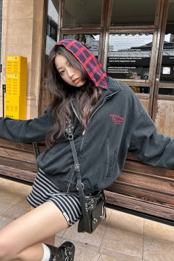 Autumn Winter Red Plaid Fake Two-Piece Zipper Hoodie - Slogan Embroidered Loose Fit Couple's Style