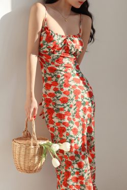 Backless Slimming Rose Print Vintage Spaghetti Strap Long Dress - Sexy Waist-Defining Vacation Dress, Perfect for Summer Getaways