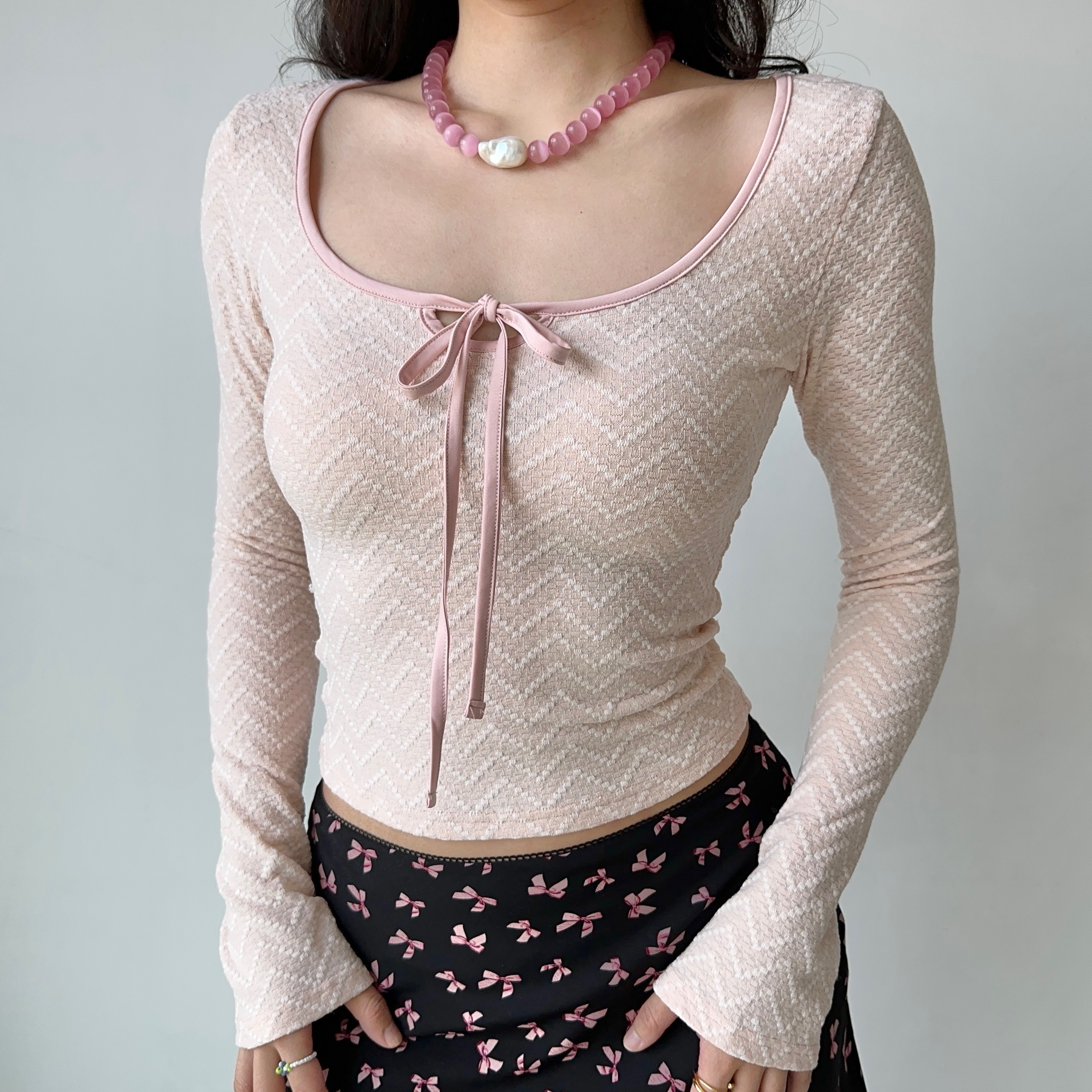 Ballet Style Bow U-Neck Long Sleeve T-Shirt for Women - Slim Fit Short Top, Perfect for Y2K and Casual Chic Looks