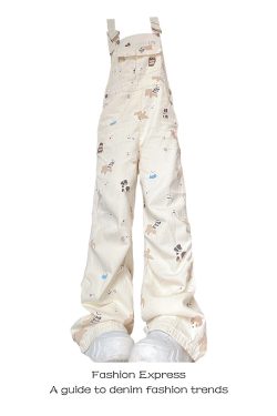 Beige Denim Overalls for Women - Trendy Loose Wide-Leg Jumpsuit, Autumn Winter Fashion, Casual 90s Style Fufu Design