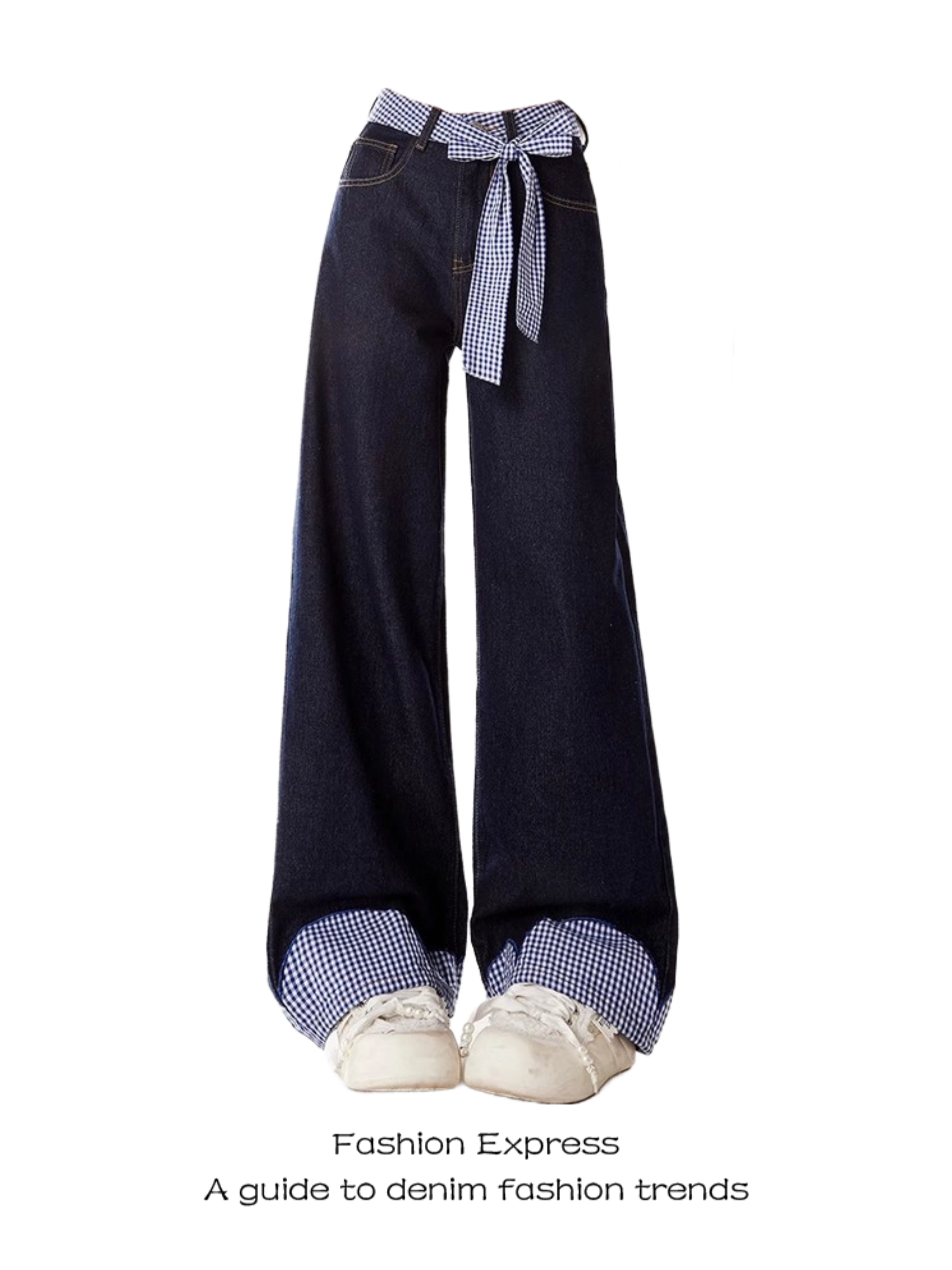Belted Plaid Patchwork Bow Tie Denim Pants for Women - High-Waisted Loose-Fitting Wide-Leg Trousers, Spring Fashion 2023