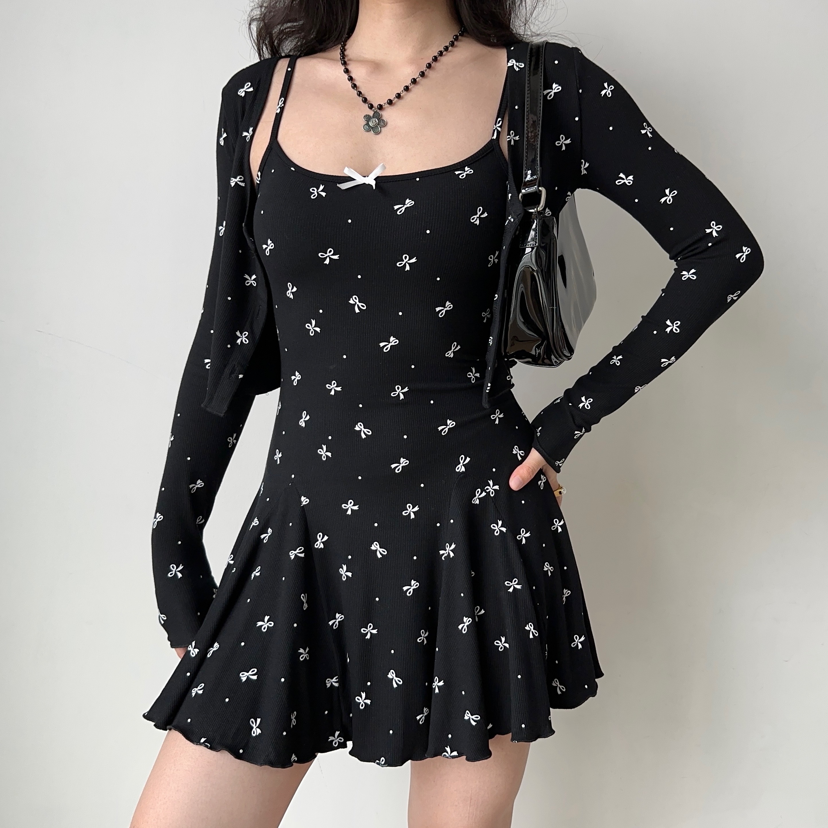 Black Bow Tie Camisole Dress Cardigan Two-Piece Set - Women's A-Line Short Skirt, European American Style, Chic Casual Fashion