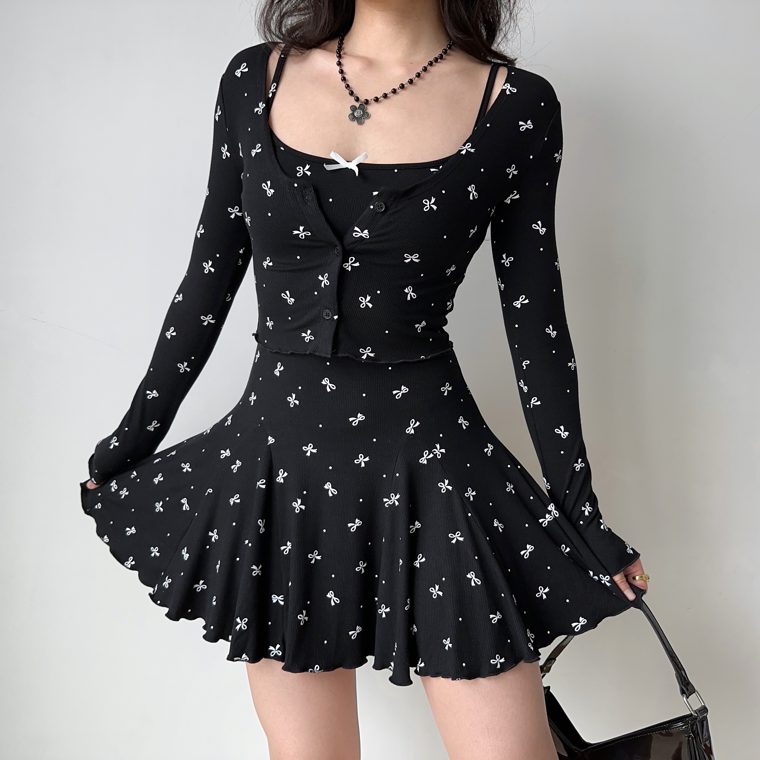Black Bow Tie Camisole Dress Cardigan Two-Piece Set - Women's A-Line Short Skirt, European American Style, Chic Casual Fashion