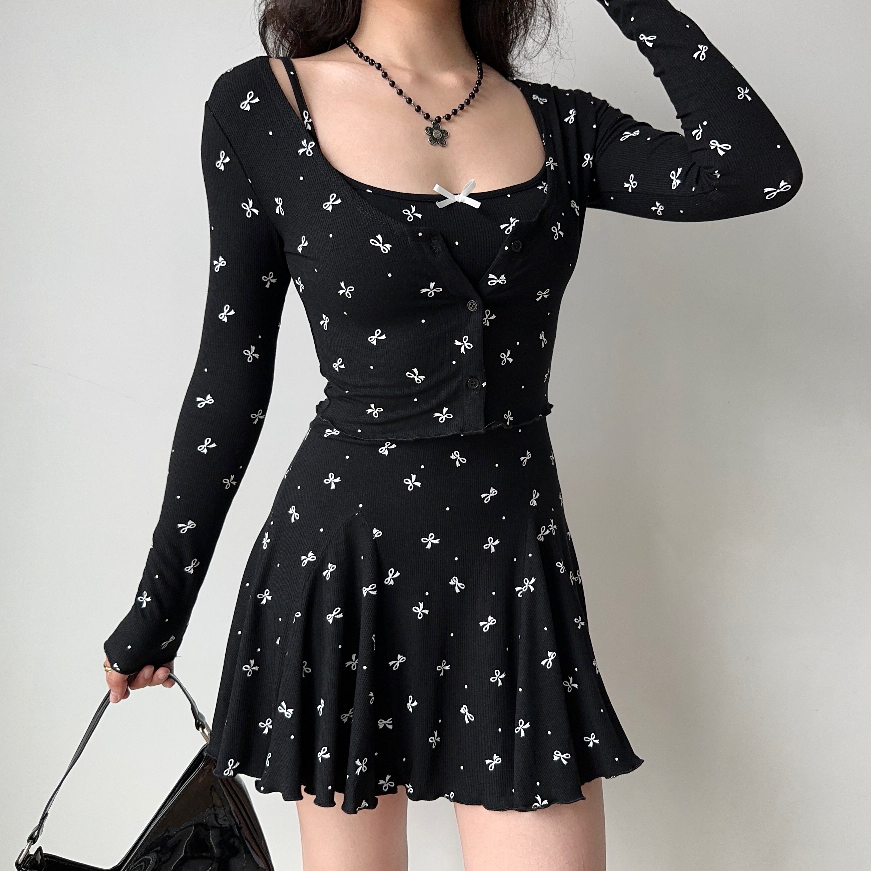 Black Bow Tie Camisole Dress Cardigan Two-Piece Set - Women's A-Line Short Skirt, European American Style, Chic Casual Fashion