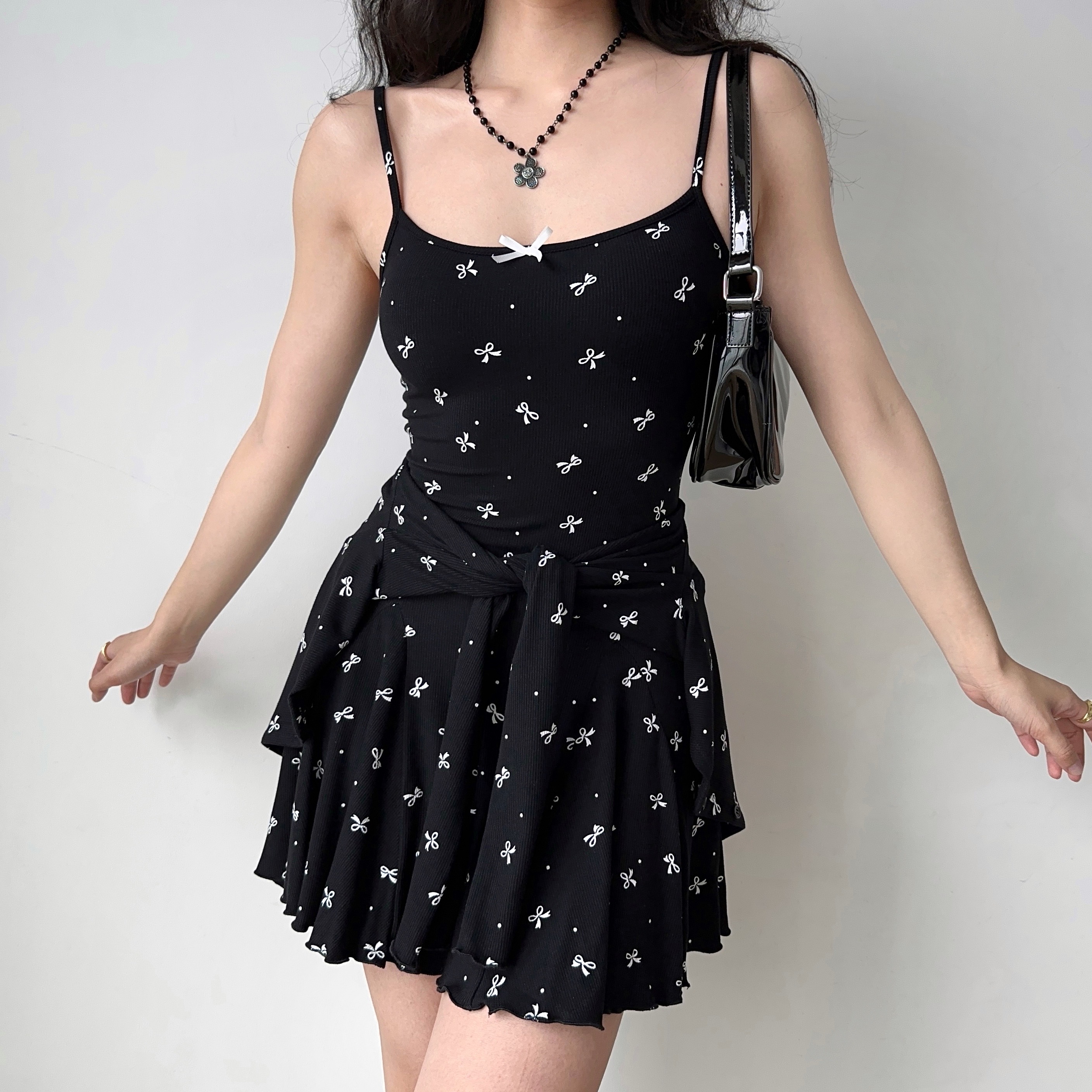 Black Bow Tie Camisole Dress Cardigan Two-Piece Set - Women's A-Line Short Skirt, European American Style, Chic Casual Fashion