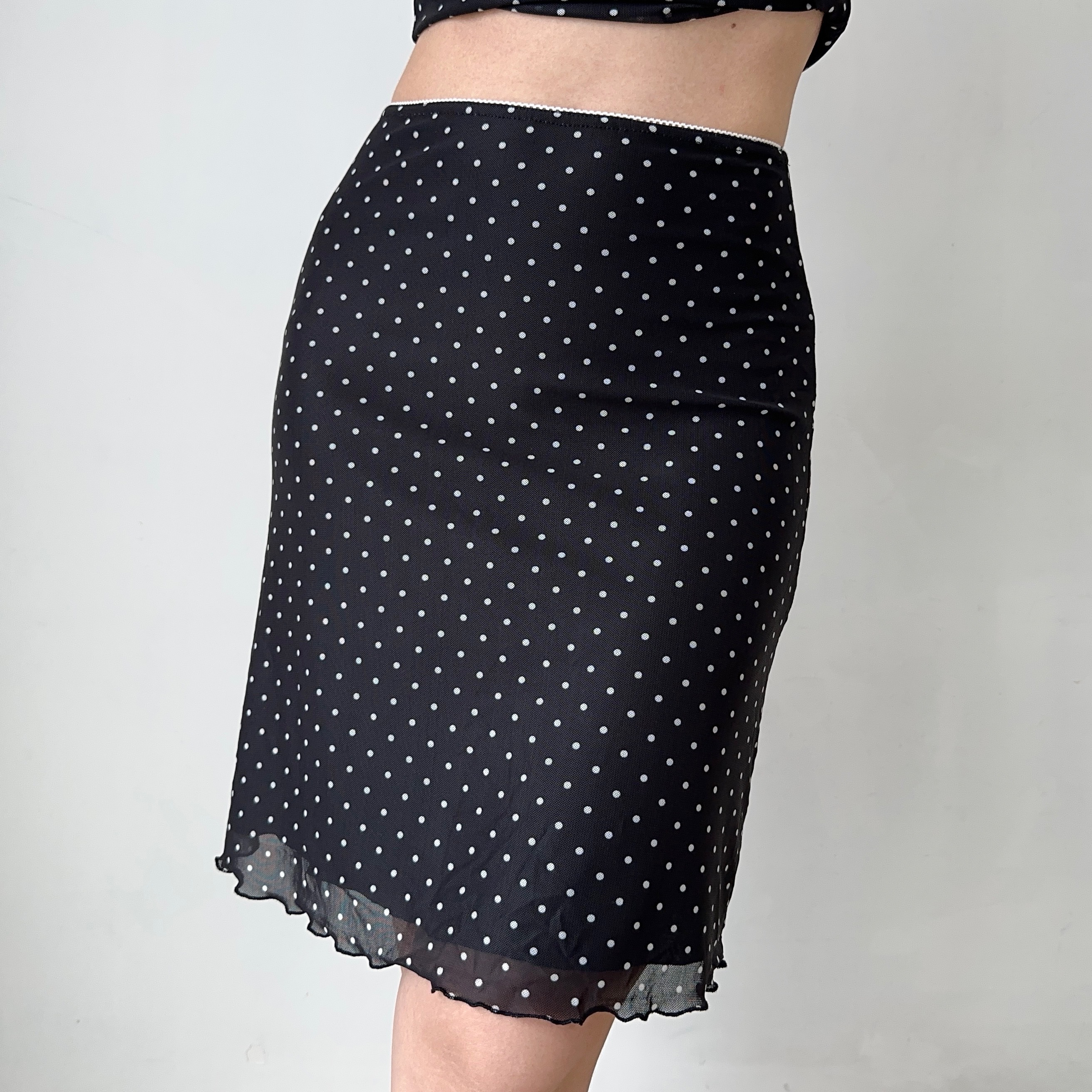 Black Polka Dot Mesh Cardigan and High-Waisted Skirt Set for Women - European American Style, Chic Layering Outfit