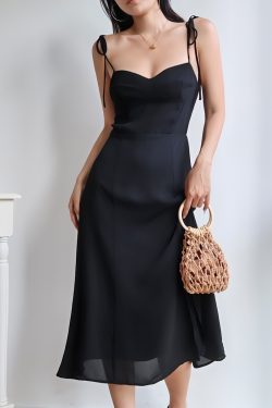 Black Vintage Tie-Up Holiday Dress for Women - Side Split V-Neck Strap Long Dress in 90s Style