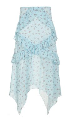 Blue Floral Ruffled Hem Midi Skirt for Women - Irregular Straight Draped Tulle Design, Perfect for Summer and Y2K Style