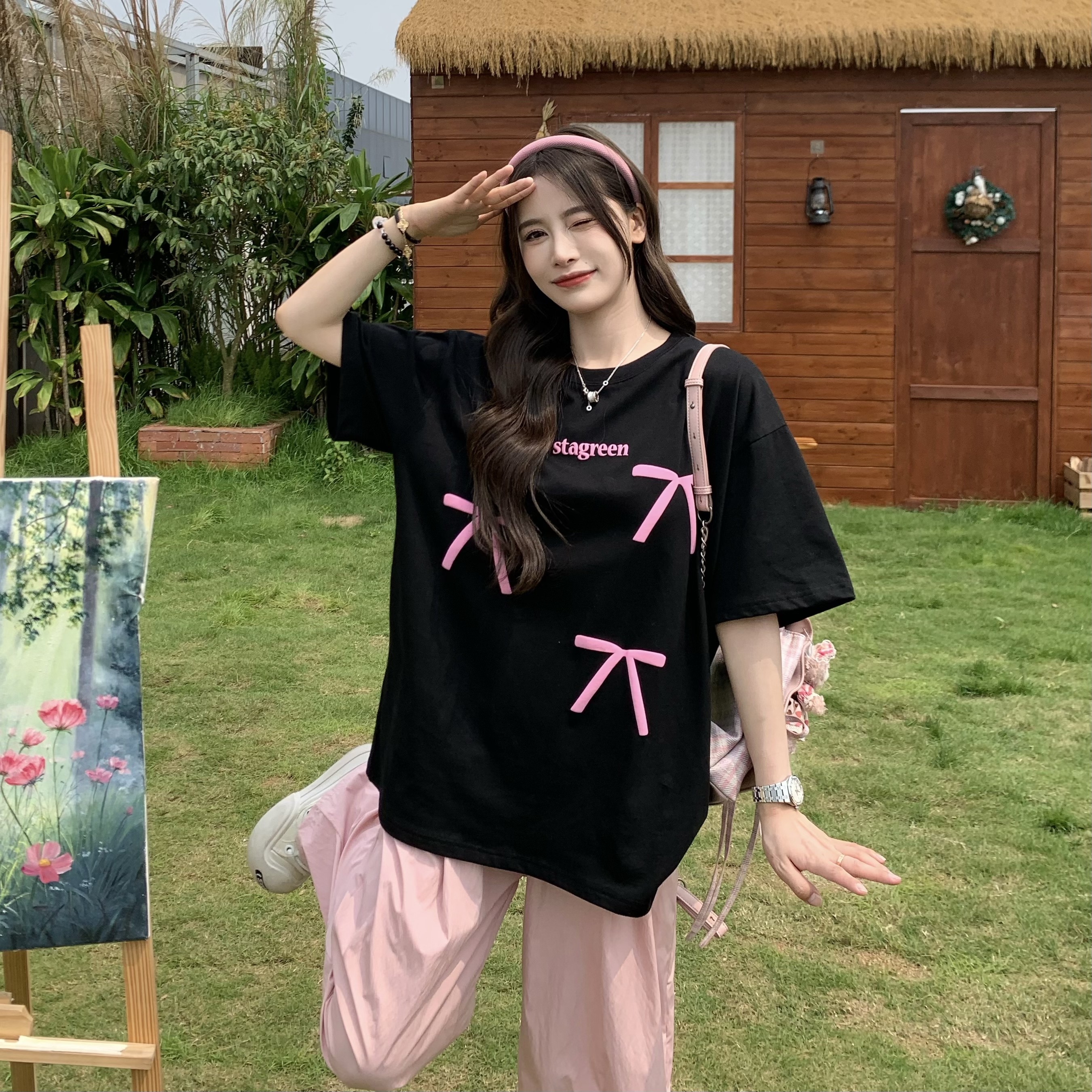 Bow Round Neck Short Sleeve T-shirt for Women - Summer Loose Versatile Sweet Top - 90s Style Sisters Design