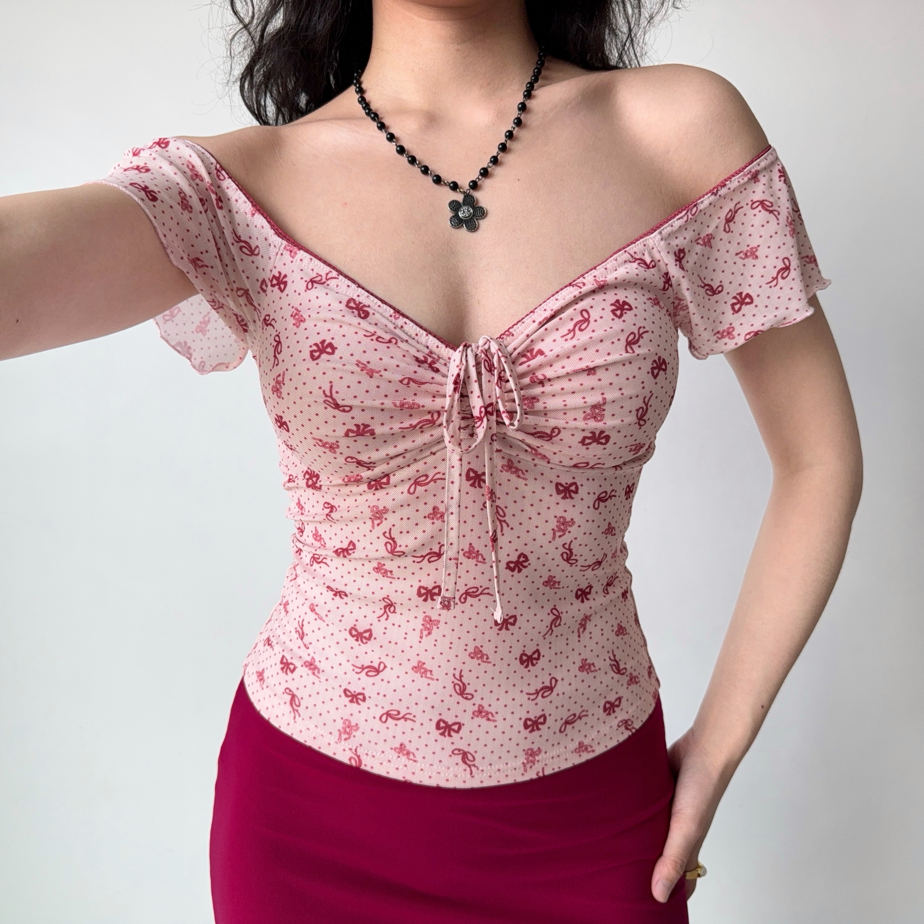 Bowknot Printed V-Neck Short Sleeve Mesh T-Shirt for Women - Slim Fit European American Style Summer Top