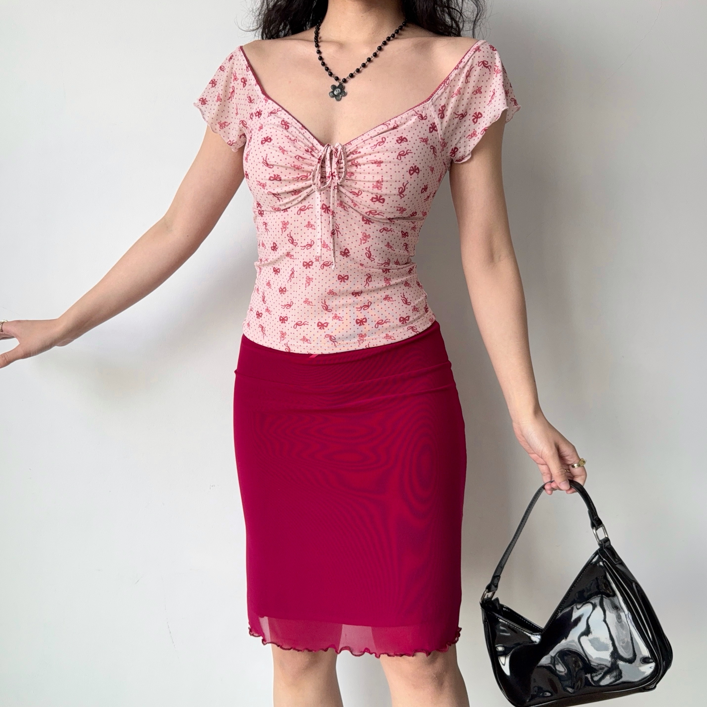 Bowknot Printed V-Neck Short Sleeve Mesh T-Shirt for Women - Slim Fit European American Style Summer Top