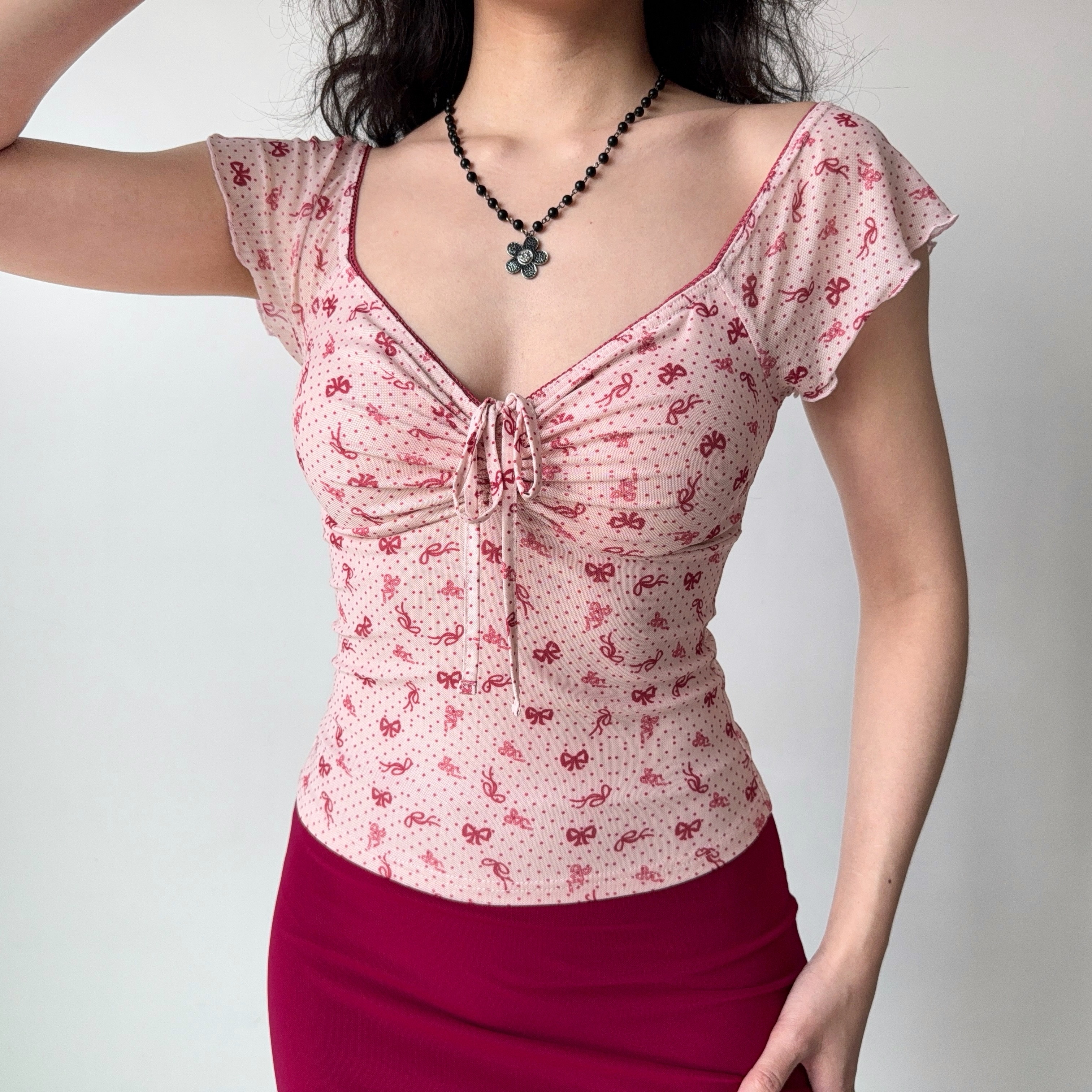 Bowknot Printed V-Neck Short Sleeve Mesh T-Shirt for Women - Slim Fit European American Style Summer Top