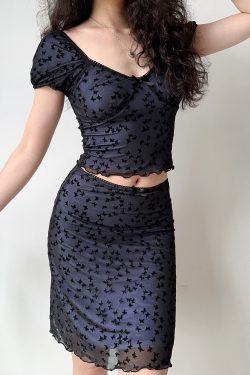 Butterfly Mesh Short Sleeve Top & Bodycon Skirt Two-Piece Set - DIY European & American Style Women’s Fashion