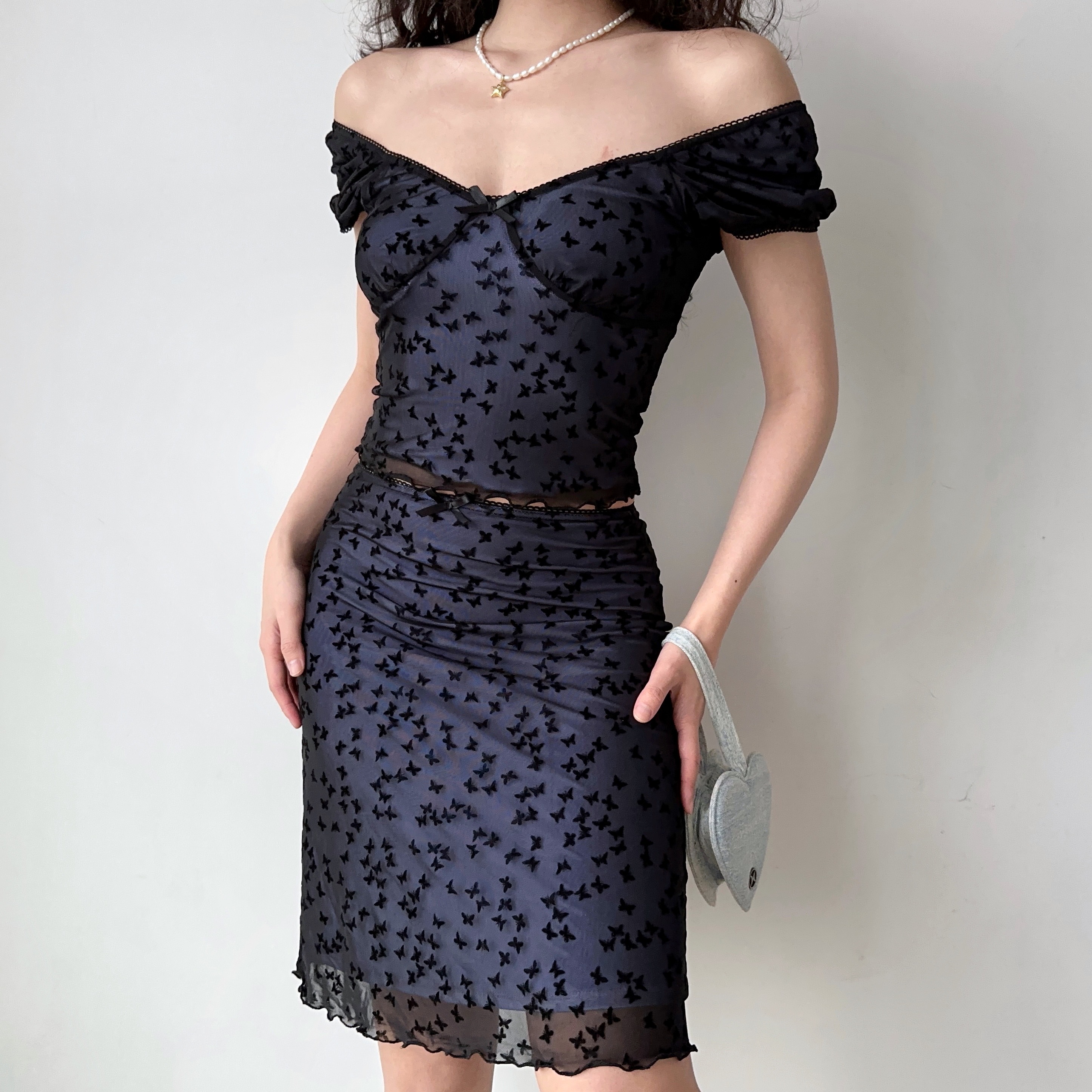 Butterfly Mesh Short Sleeve Top & Bodycon Skirt Two-Piece Set - DIY European & American Style Women’s Fashion