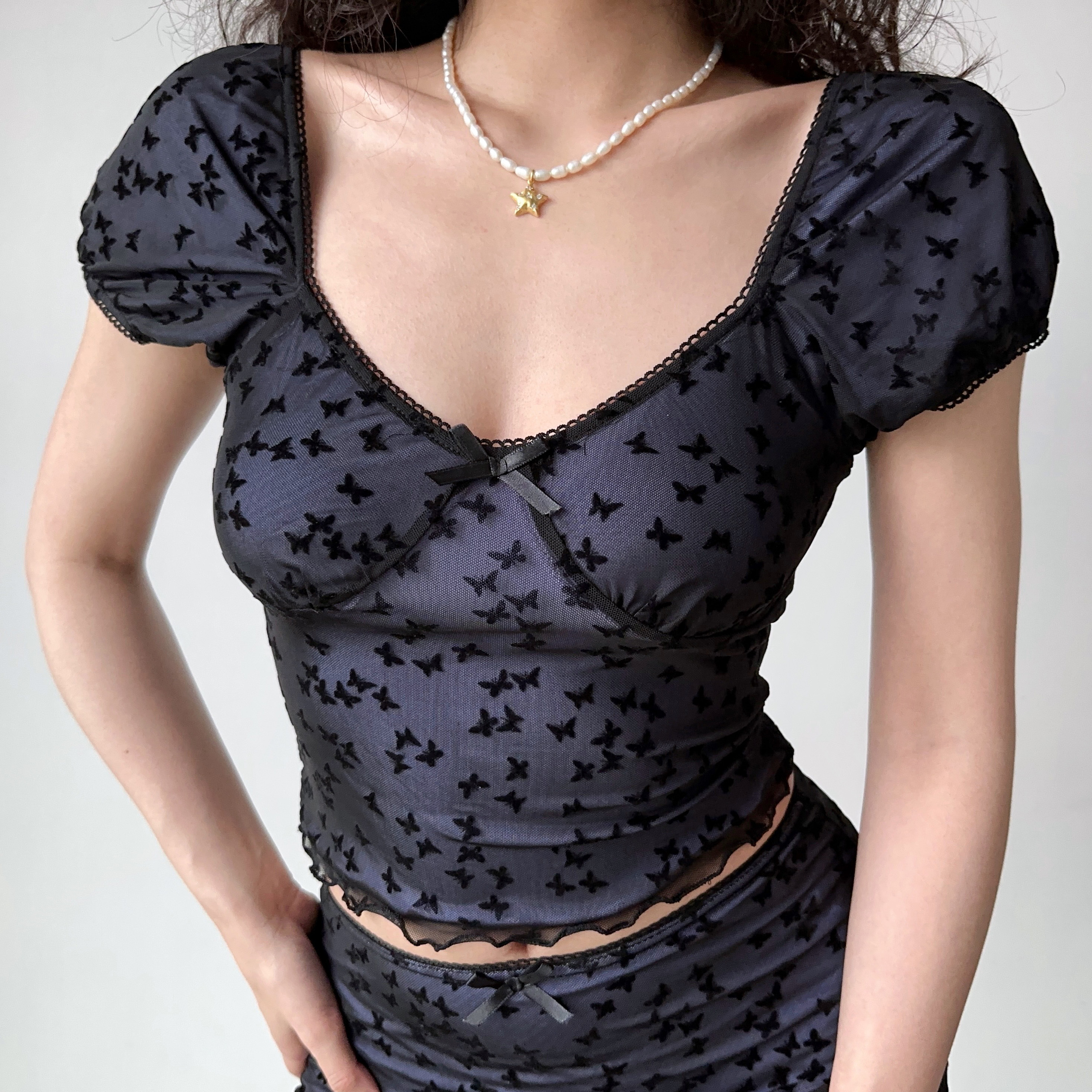 Butterfly Mesh Short-Sleeve Top & Bodycon Skirt Two-Piece Set - European & American Style Women's Fashion