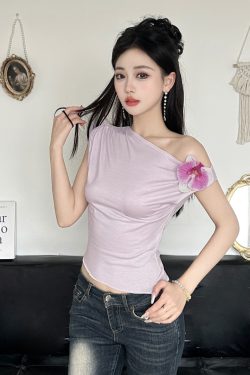 Butterfly Orchid 3D Flower Asymmetrical Off-Shoulder Top Women's Summer Waist-Defining T-Shirt - Y2K Floral Fashion