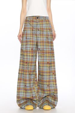 Checkered Color-Blocking Wide-Leg Pants for Women - Casual Summer Striped Draped Trousers, Versatile Y2K Fashion