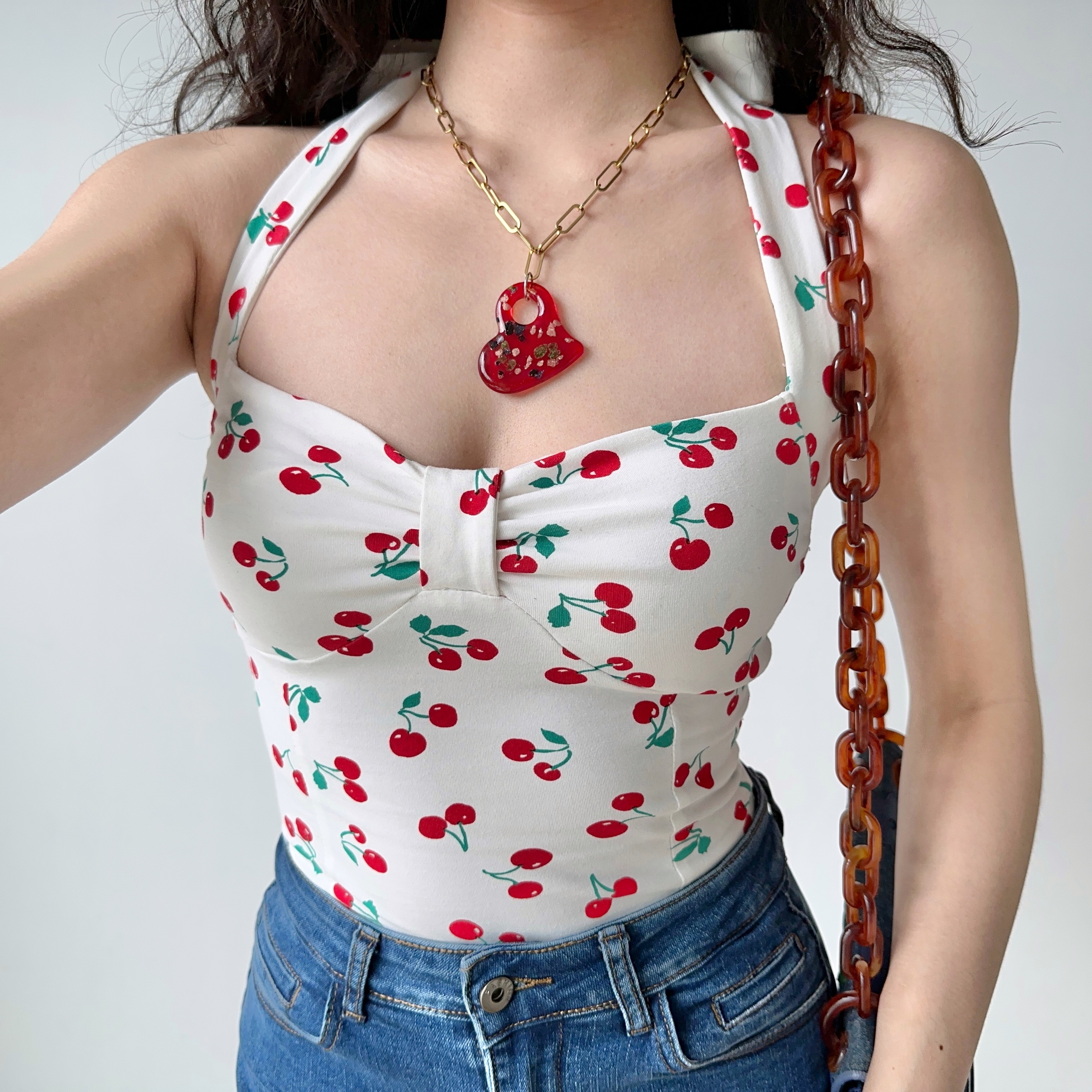 Cherry Print Bow Tie Halter Top - Women's Slim Fit Camisole - Summer European American Style - Trendy Y2K Fashion
