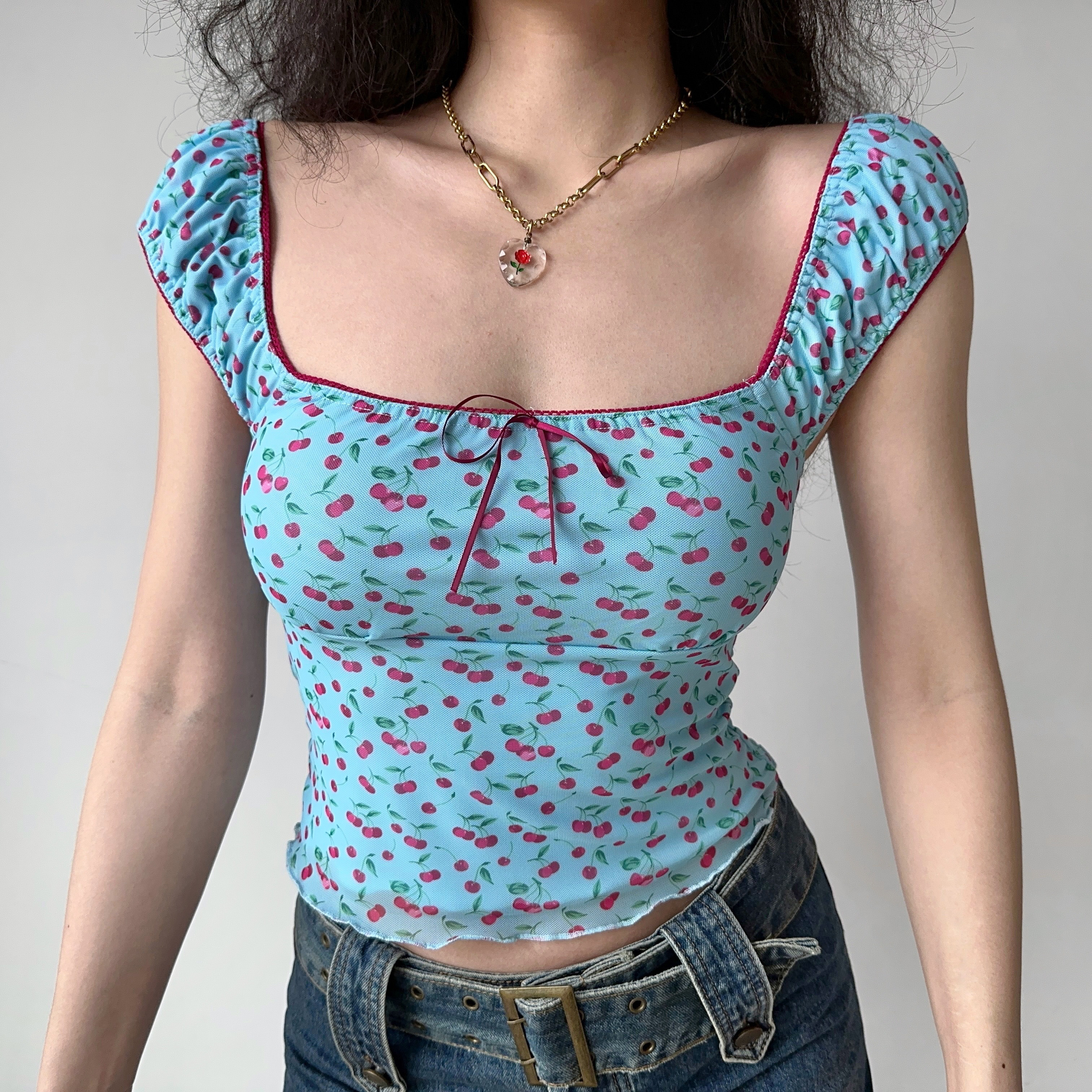 Cherry Print Puff Sleeve Square Neck T-shirt for Women - Slim Fit Backless Hot Girl Style, European & American Fashion