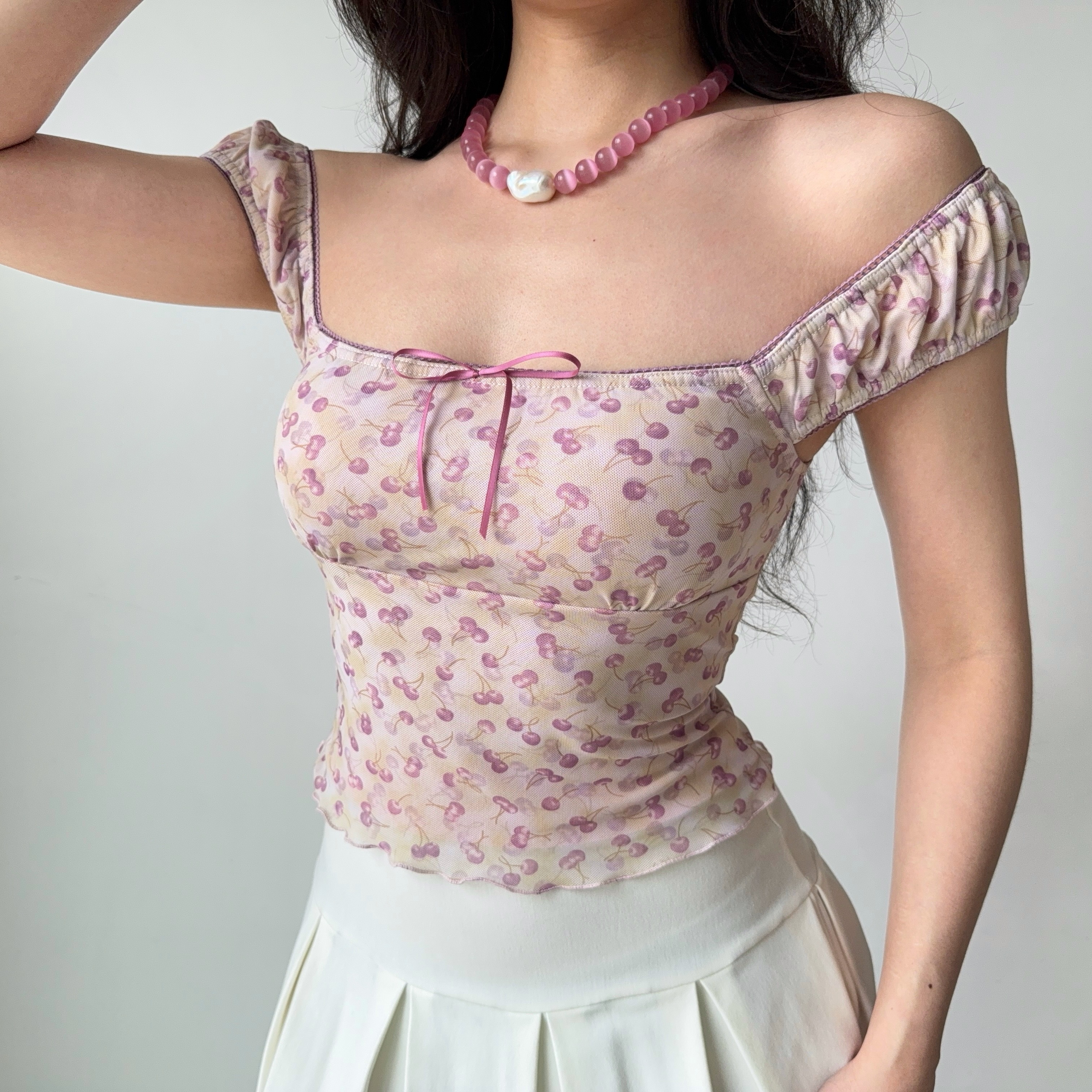 Cherry Print Square Neck Short Sleeve Crop Top for Women - Summer Slim Fit T-shirt in European & American Style, Y2K Fashion