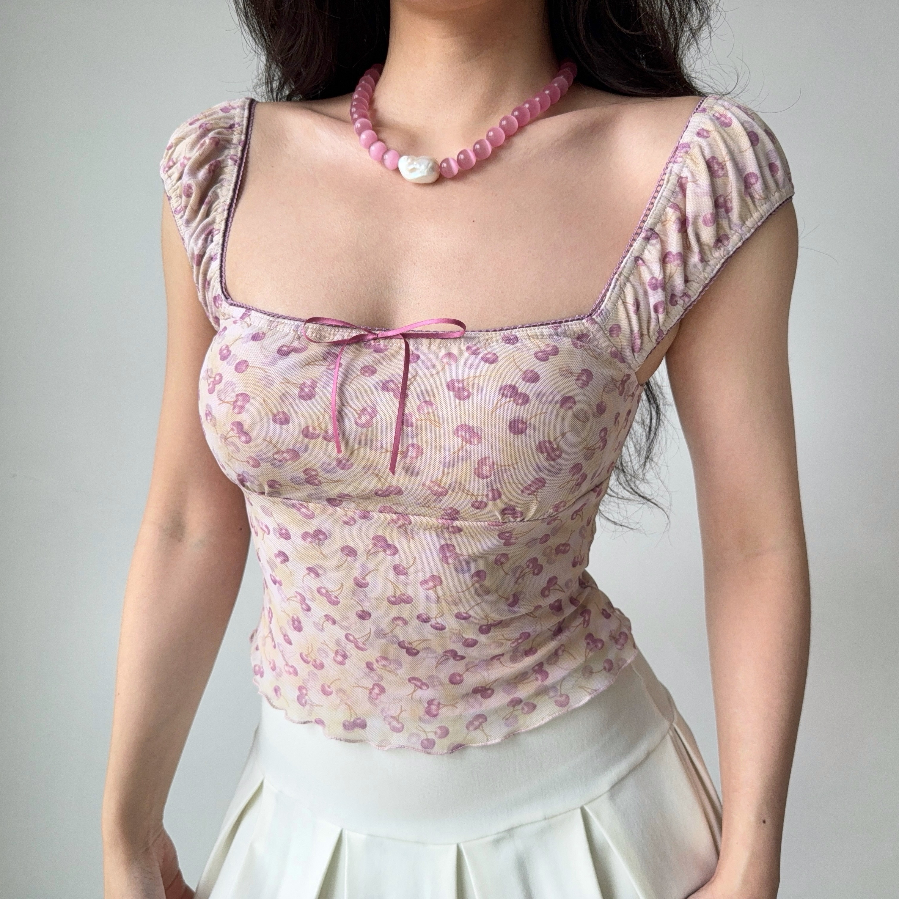 Cherry Print Square Neck Short Sleeve Crop Top for Women - Summer Slim Fit T-shirt in European & American Style, Y2K Fashion