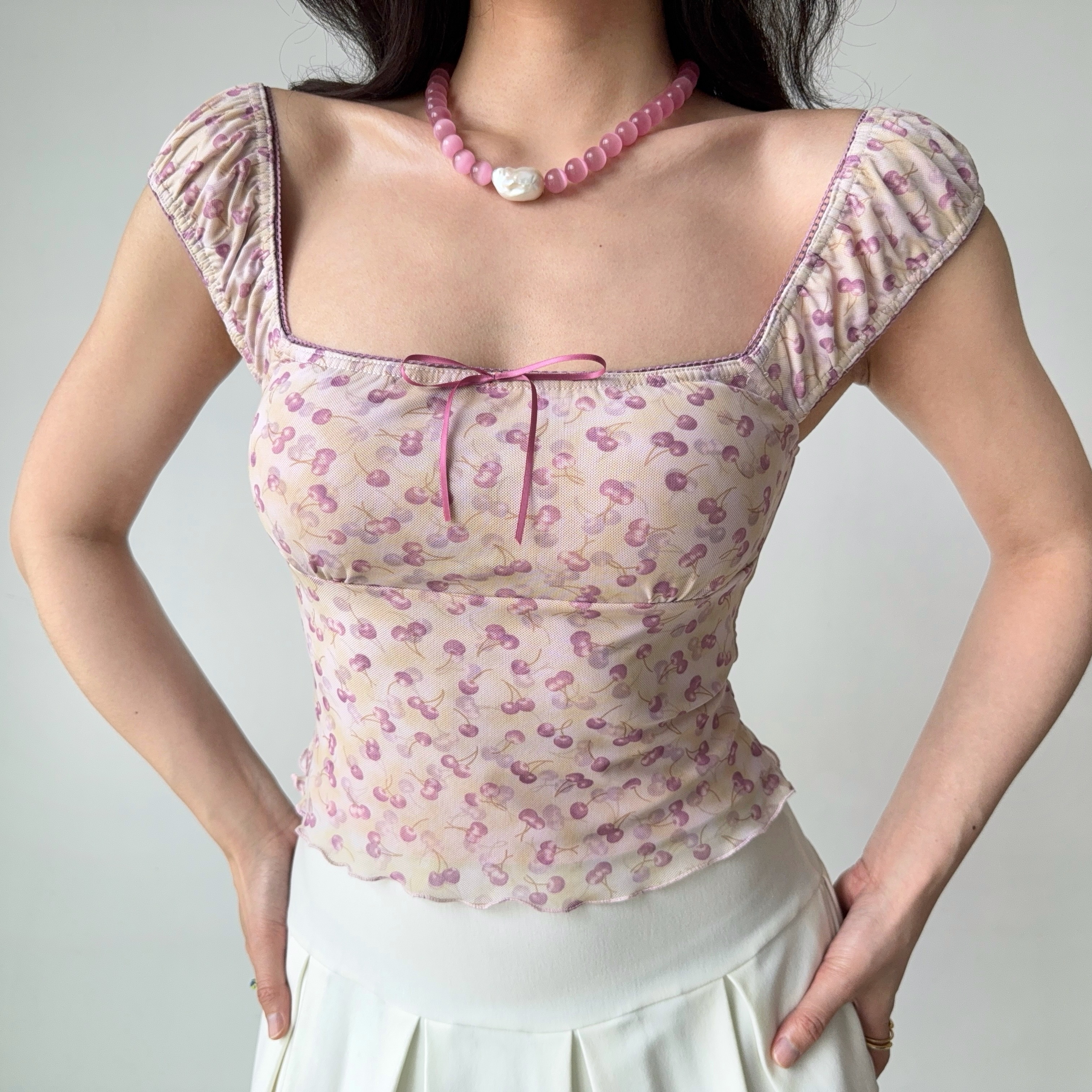 Cherry Print Square Neck Short Sleeve Crop Top for Women - Summer Slim Fit T-shirt in European & American Style, Y2K Fashion