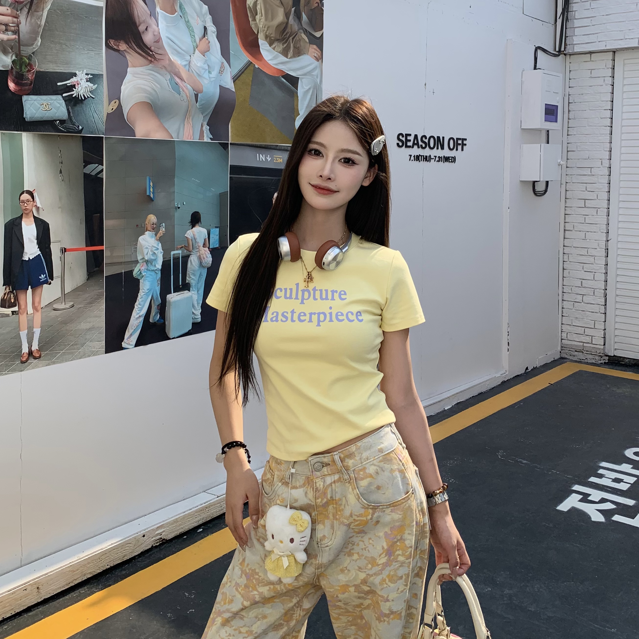 Color Block Short Sleeve T-Shirt for Women - 2025 Summer Slim Fit with Sister Letter Print, Trendy Y2K Style