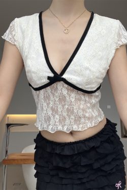 Color-Block V-Neck Lace Bow Chest Design Pullover Crop Short Sleeve T-Shirt for Women - Y2K Inspired Fashion Top