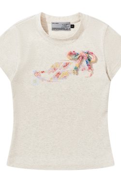 Colorful Floral Graffiti Crayon-Painted Short Sleeve T-Shirt for Kids with Bow Detail - Quirky and Fun Design