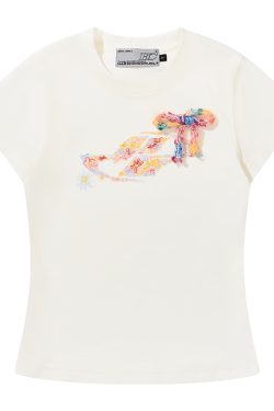 Colorful Floral Graffiti Crayon-Painted Short Sleeve T-Shirt for Kids with Bow Detail - Quirky and Fun Design