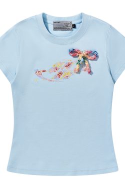 Colorful Floral Graffiti Crayon-Painted Short Sleeve T-Shirt for Kids with Bow Detail - Quirky and Fun Design