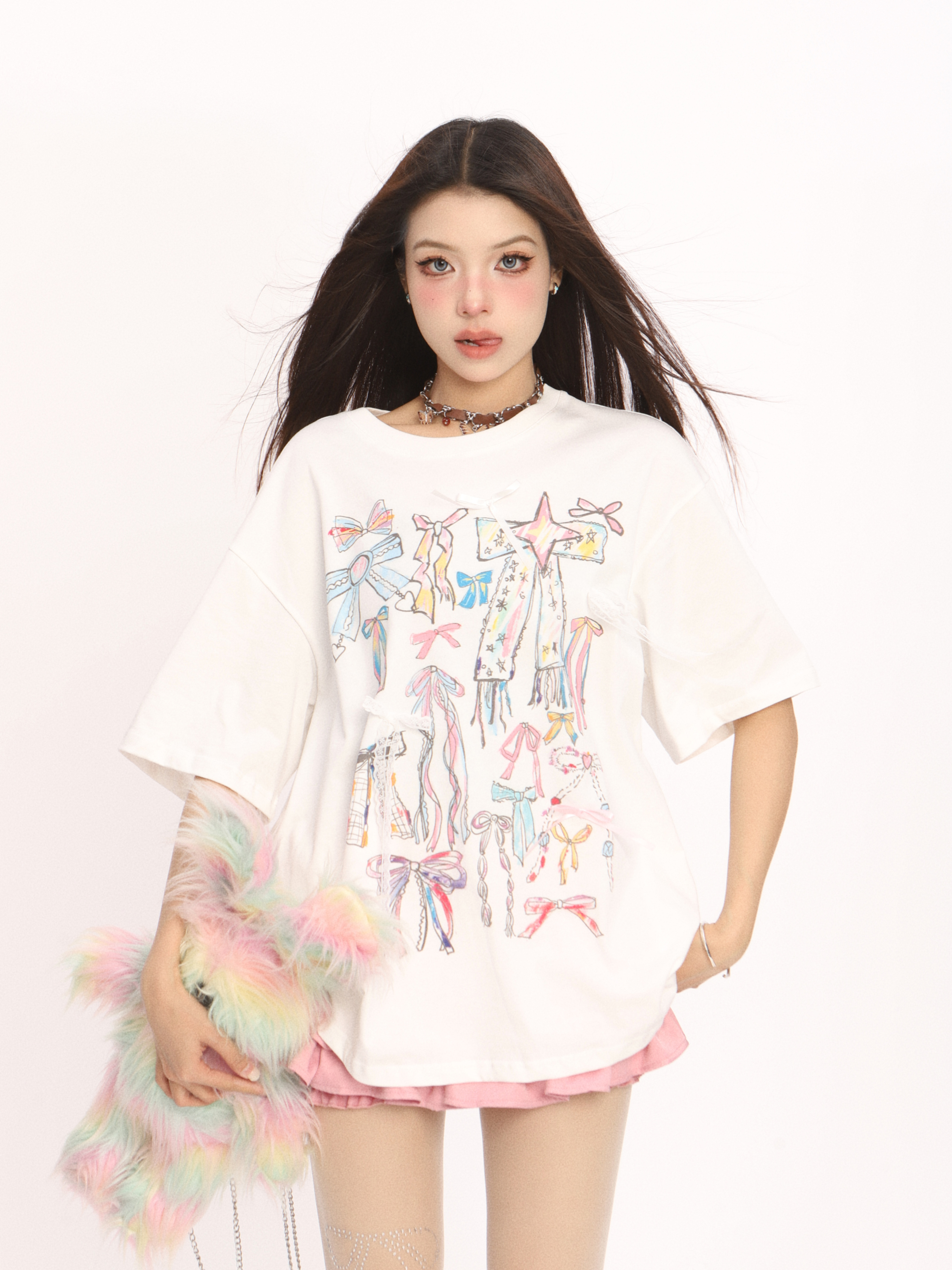Colorful Graffiti Bow Short Sleeve T-Shirt for Women - Summer Korean Style Round Neck Top, Trendy Casual Wear