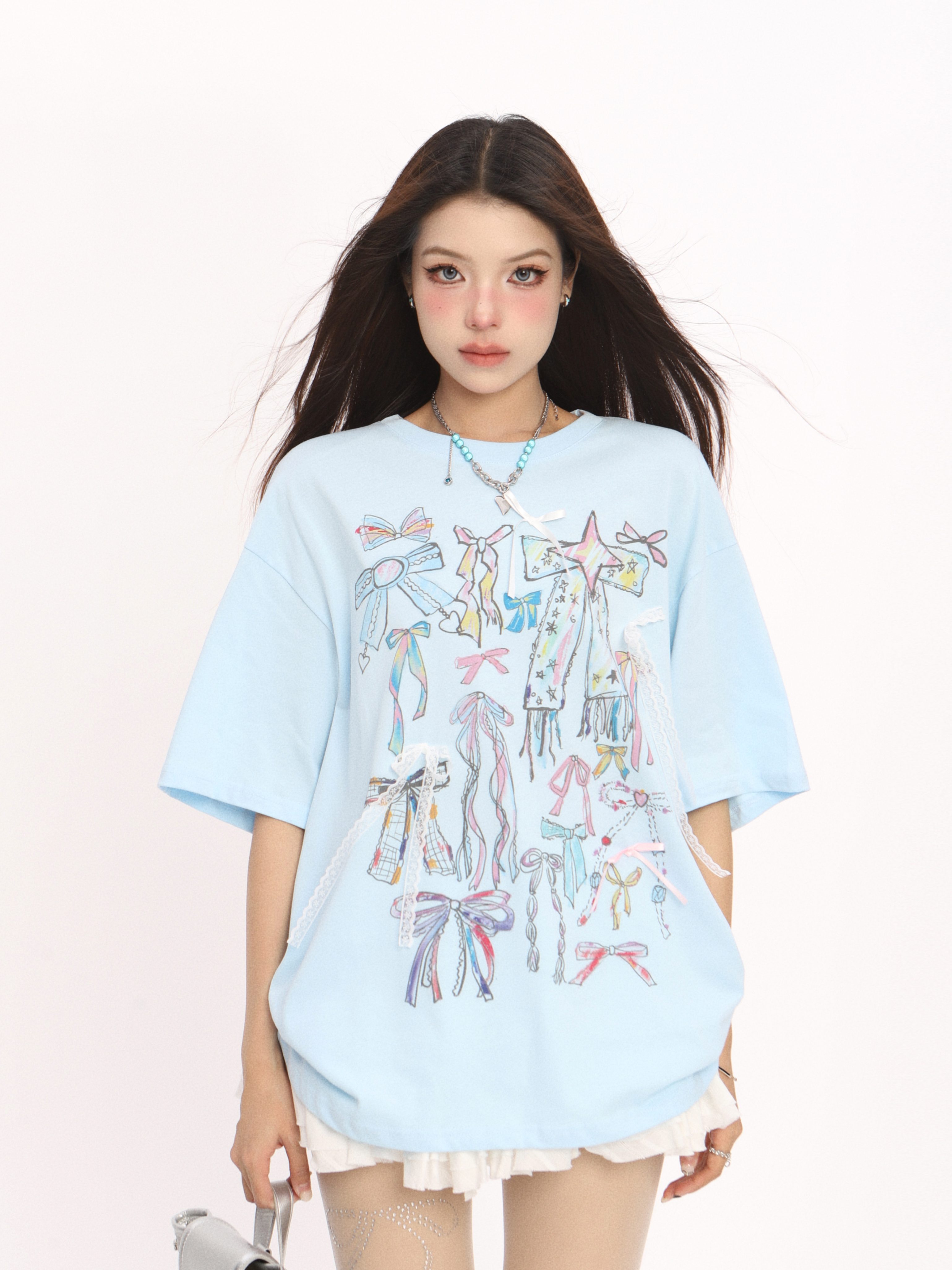 Colorful Graffiti Bow Short Sleeve T-Shirt for Women - Summer Korean Style Round Neck Top, Trendy Casual Wear
