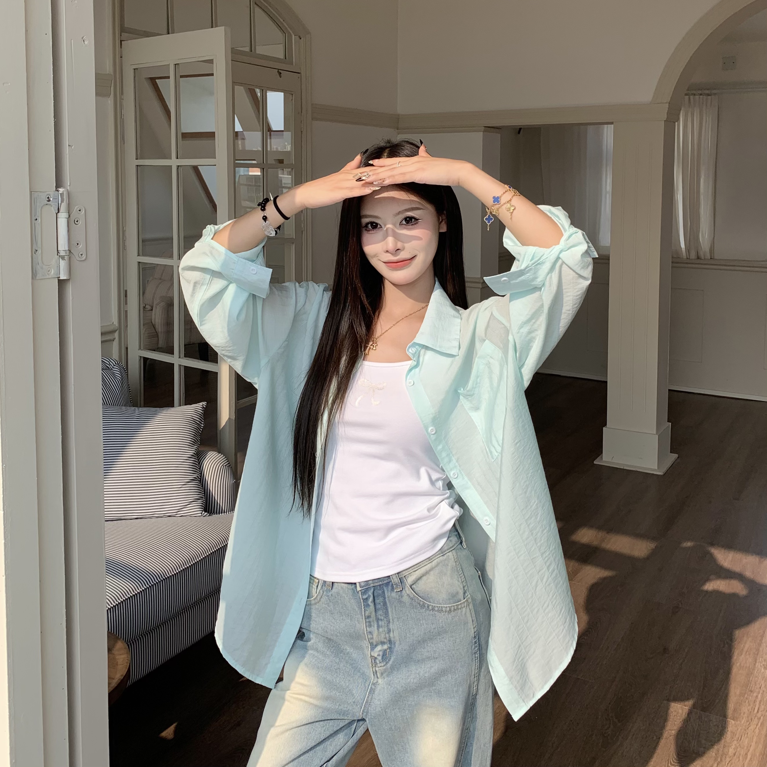 Cool Feeling Green Sunscreen Long Sleeve Shirt for Women - Loose Summer Cardigan Top, Perfect for 90s and Y2K Style