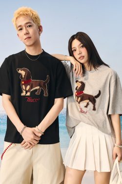 Cool Feeling Sunscreen Suede Patch Towel Embroidered Puppy Short Sleeve T-Shirt - Trendy Y2K Style for Casual Wear