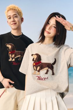 Cool Feeling Sunscreen Suede Patch Towel Embroidered Puppy Short Sleeve T-Shirt - Trendy Y2K Style for Casual Wear
