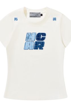 Cool Feeling Sunscreen T-Shirt with Vintage Woven Patch Embroidery, Short Sleeves, Y2K Style, Perfect for Summer Casual Wear