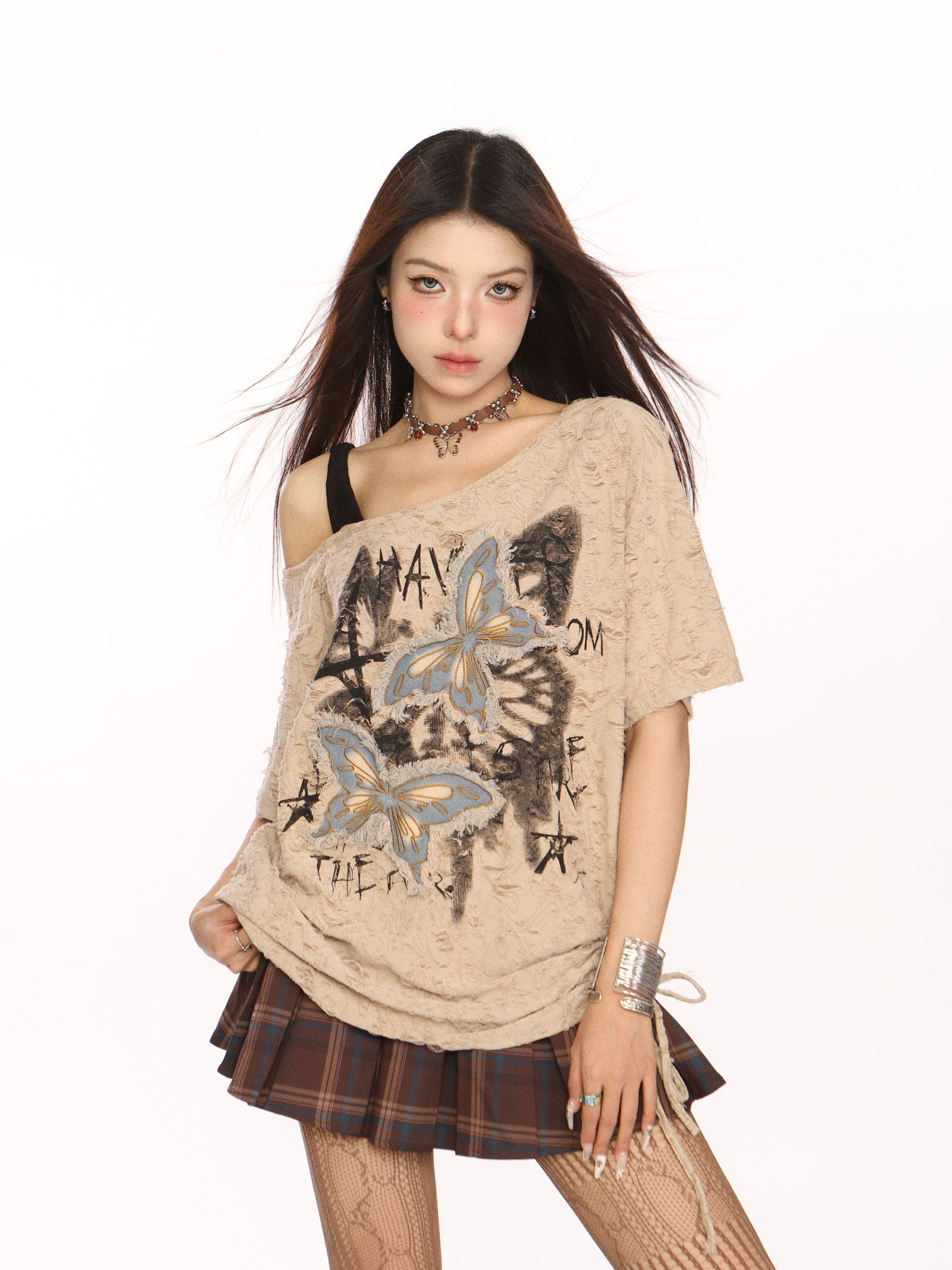 Distressed Patch Butterfly Off-Shoulder Short Sleeve T-Shirt for Women - Summer 90s Style Sweet and Cool Top