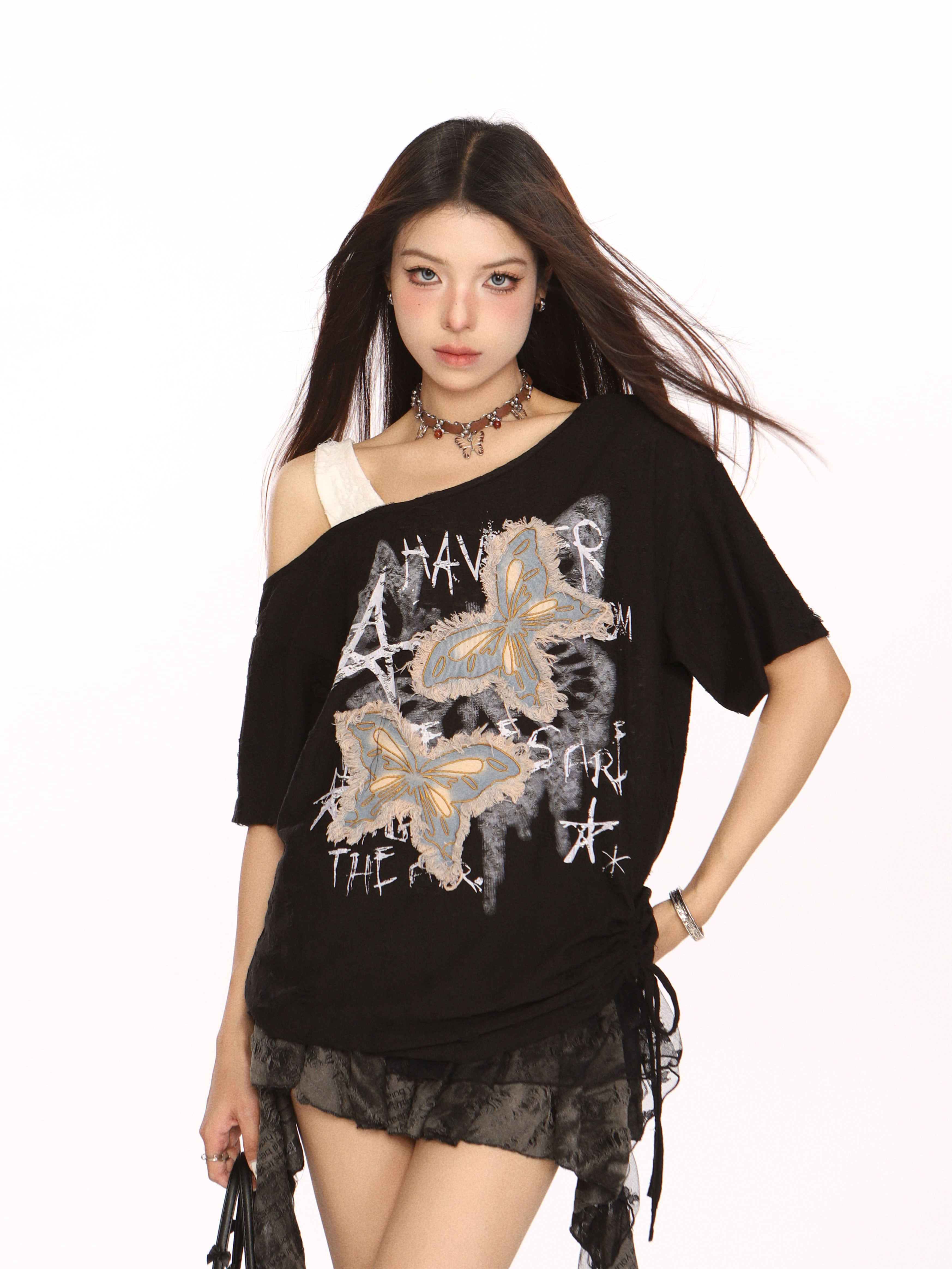 Distressed Patch Butterfly Off-Shoulder Short Sleeve T-Shirt for Women - Summer 90s Style Sweet and Cool Top