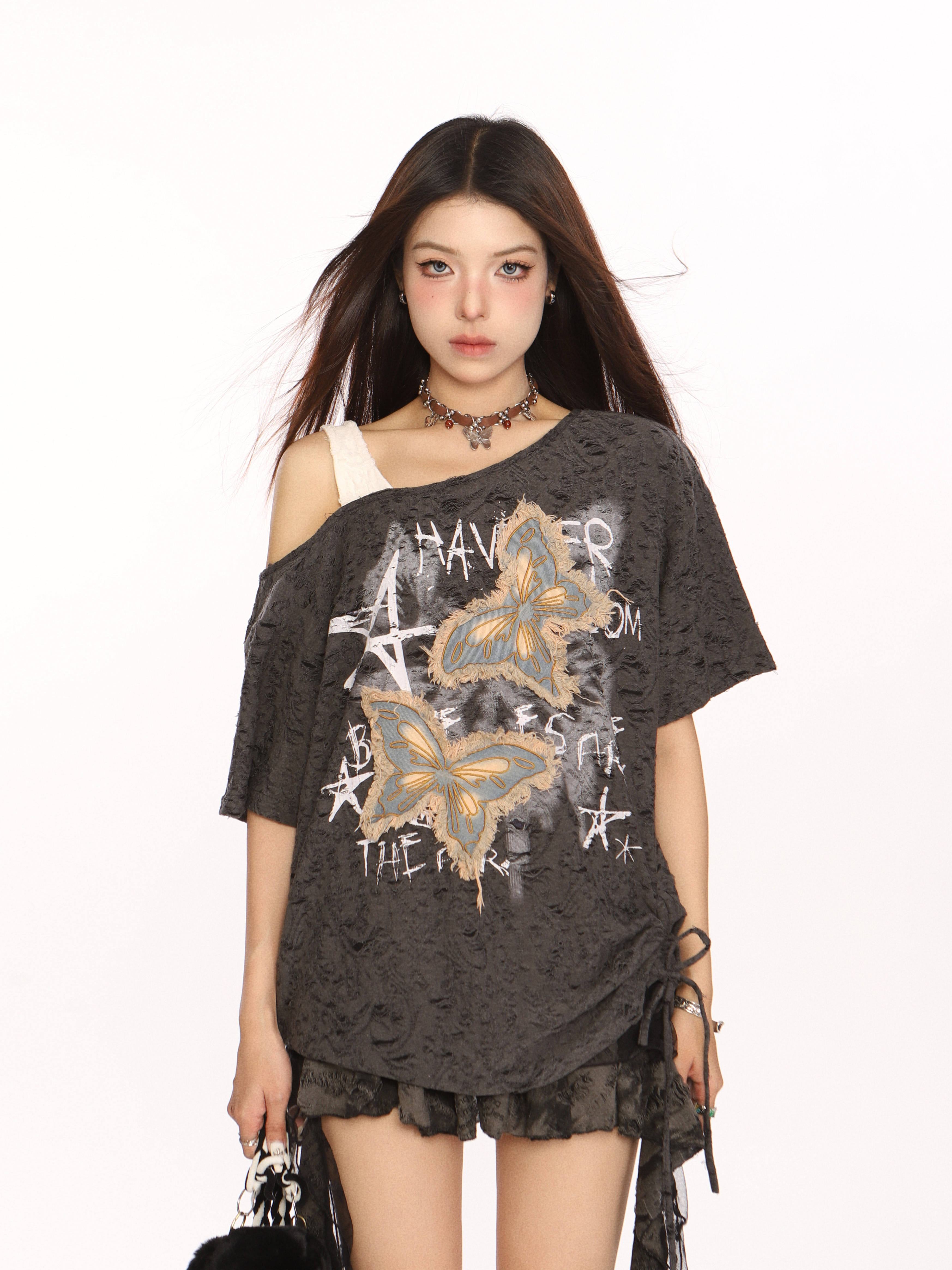 Distressed Patch Butterfly Off-Shoulder Short Sleeve T-Shirt for Women - Summer 90s Style Sweet and Cool Top