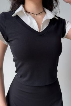 DIY American Retro Design Fake Two-Piece Lapel Short Sleeve T-Shirt for Women - Slim Fit Vintage Inspired Top