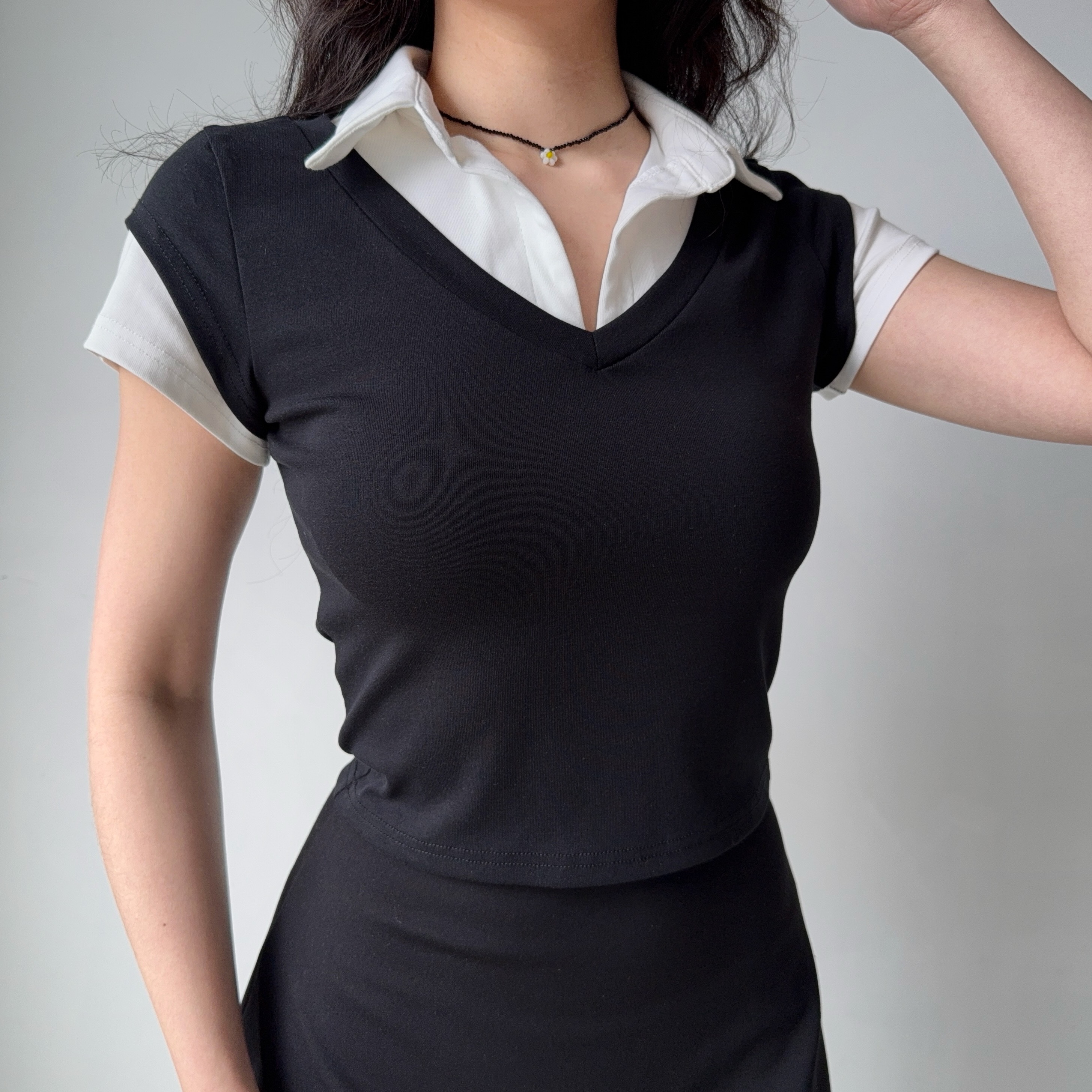DIY American Retro Design Fake Two-Piece Lapel Short Sleeve T-Shirt for Women - Slim Fit Vintage Inspired Top