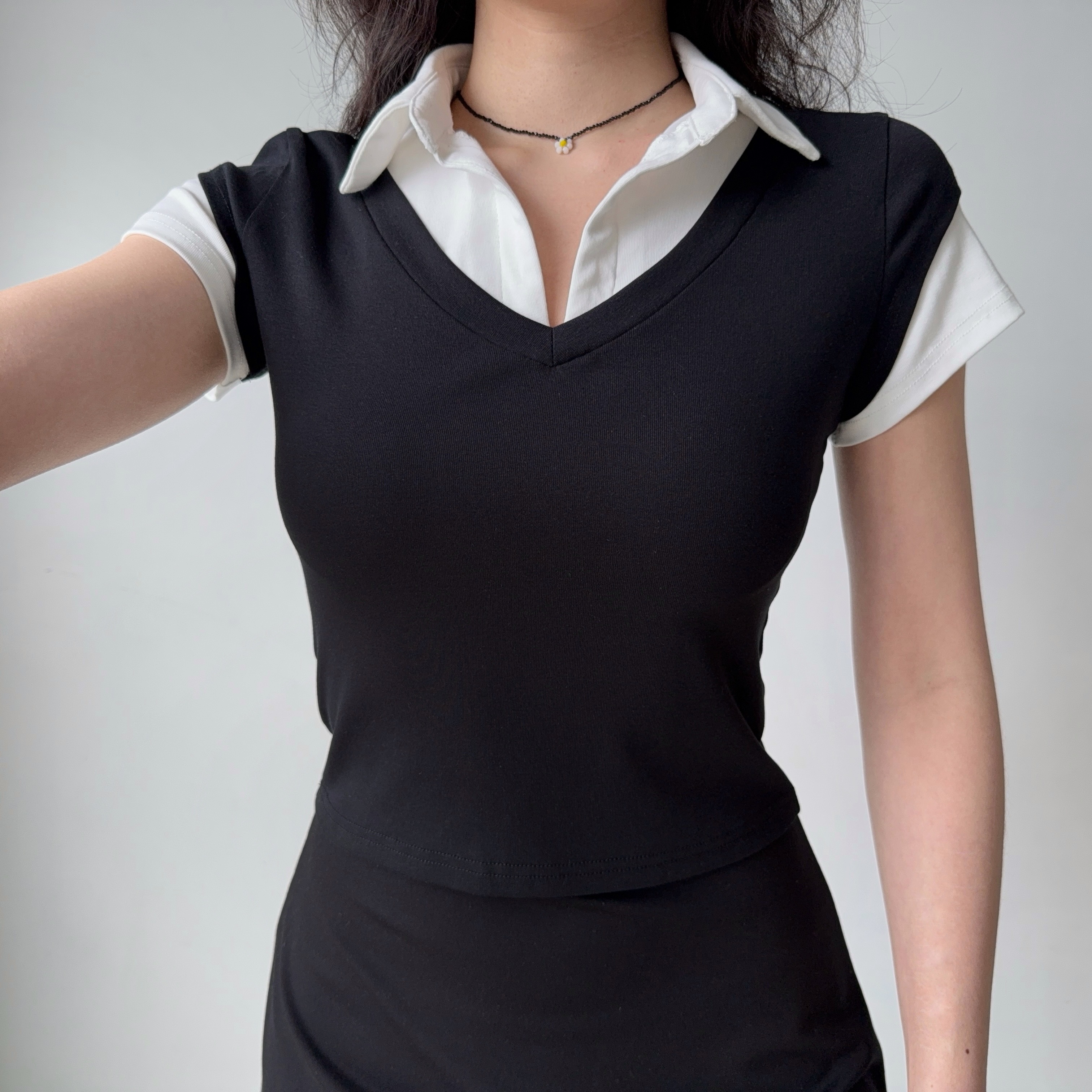 DIY American Retro Design Fake Two-Piece Lapel Short Sleeve T-Shirt for Women - Slim Fit Vintage Inspired Top