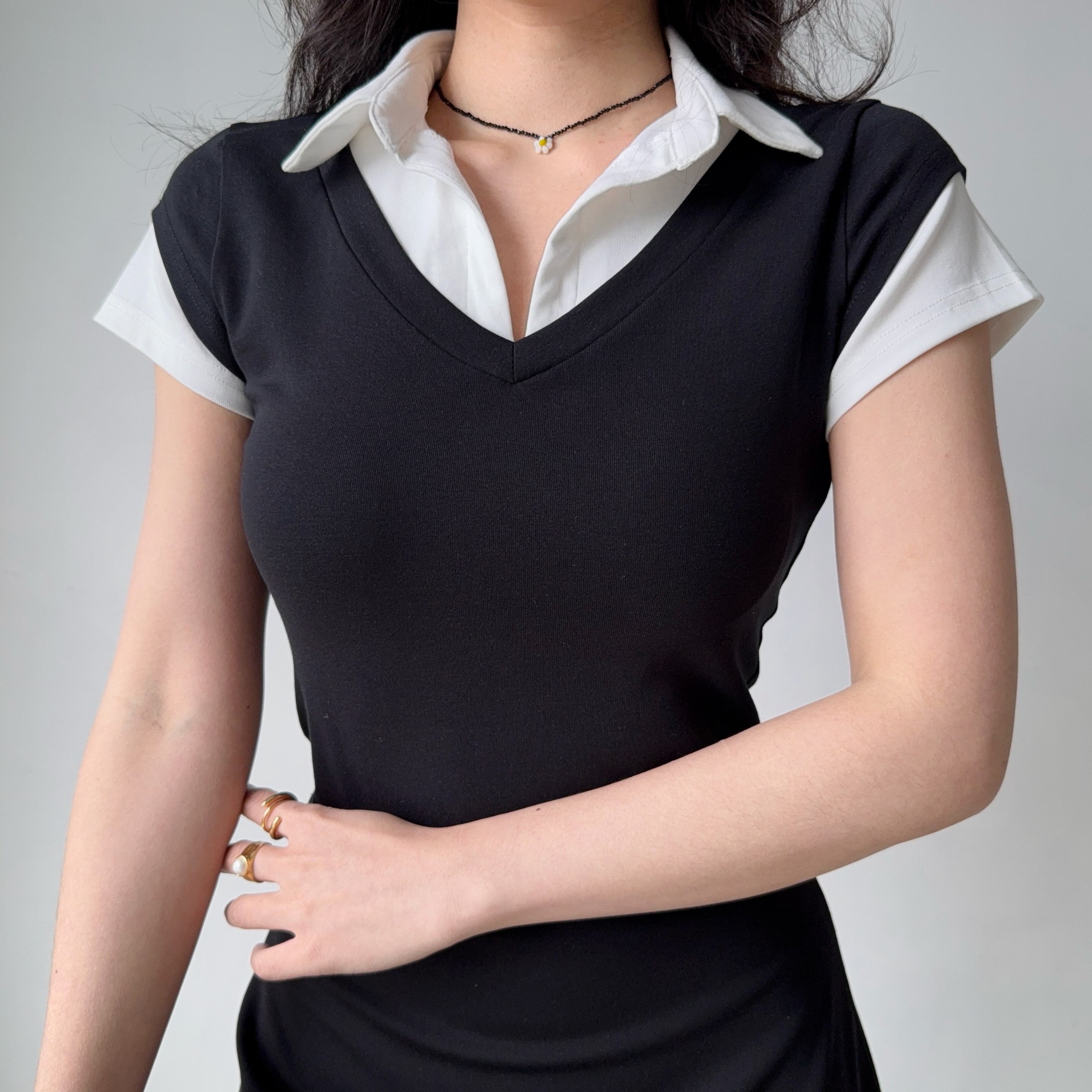 DIY American Retro Design Fake Two-Piece Lapel Short Sleeve T-Shirt for Women - Slim Fit Vintage Y2K Style Top