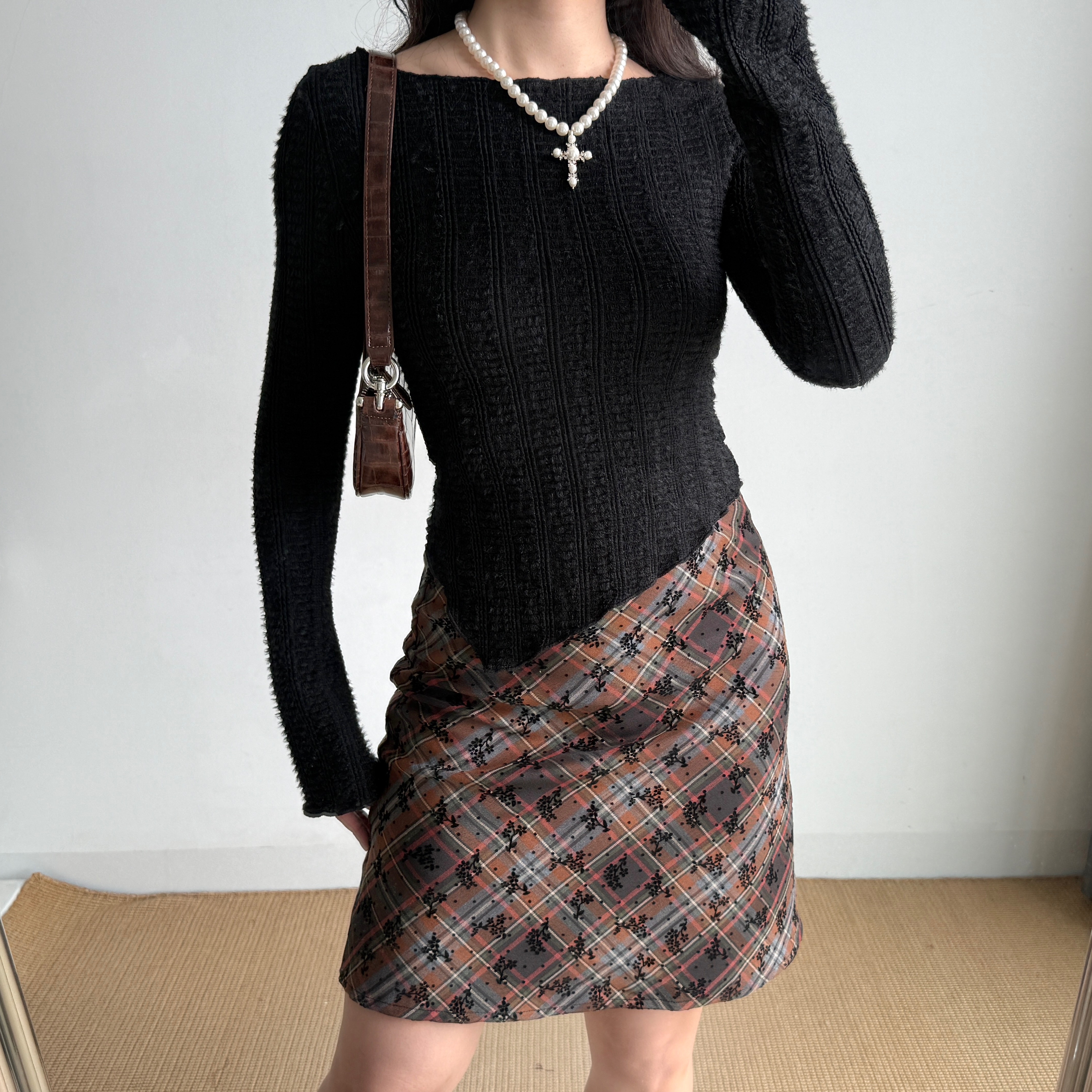 DIY American Vintage Floral Plaid Midi Skirt - Women's High Waist Bodycon Fashion Skirt, Y2K Style