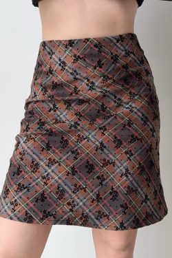 DIY American Vintage Floral Plaid Midi Skirt - Women's High Waist Bodycon Fashion Skirt, Y2K Style